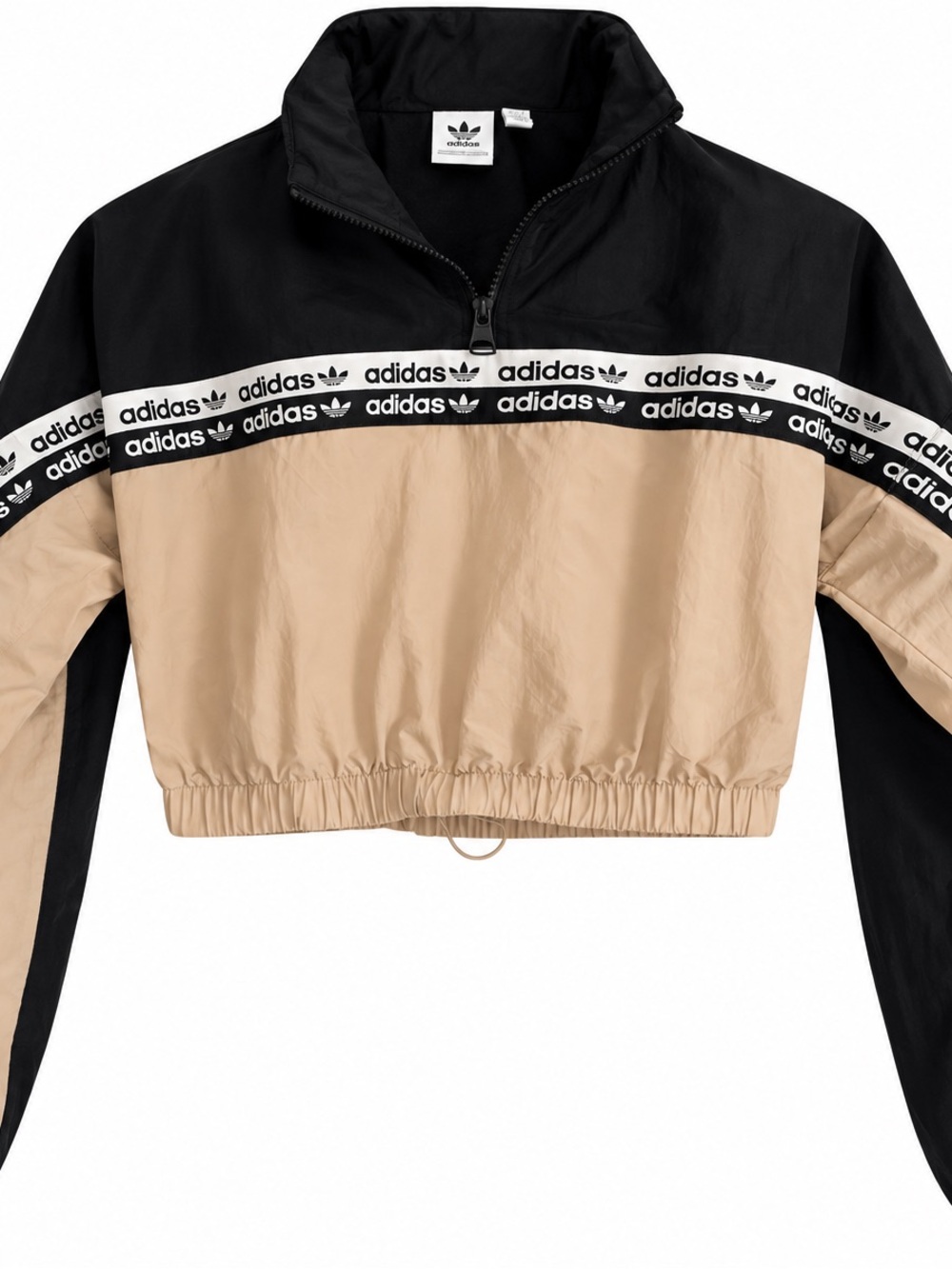 adidas Black and Beige Cropped Track Jacket with Logo Tape
